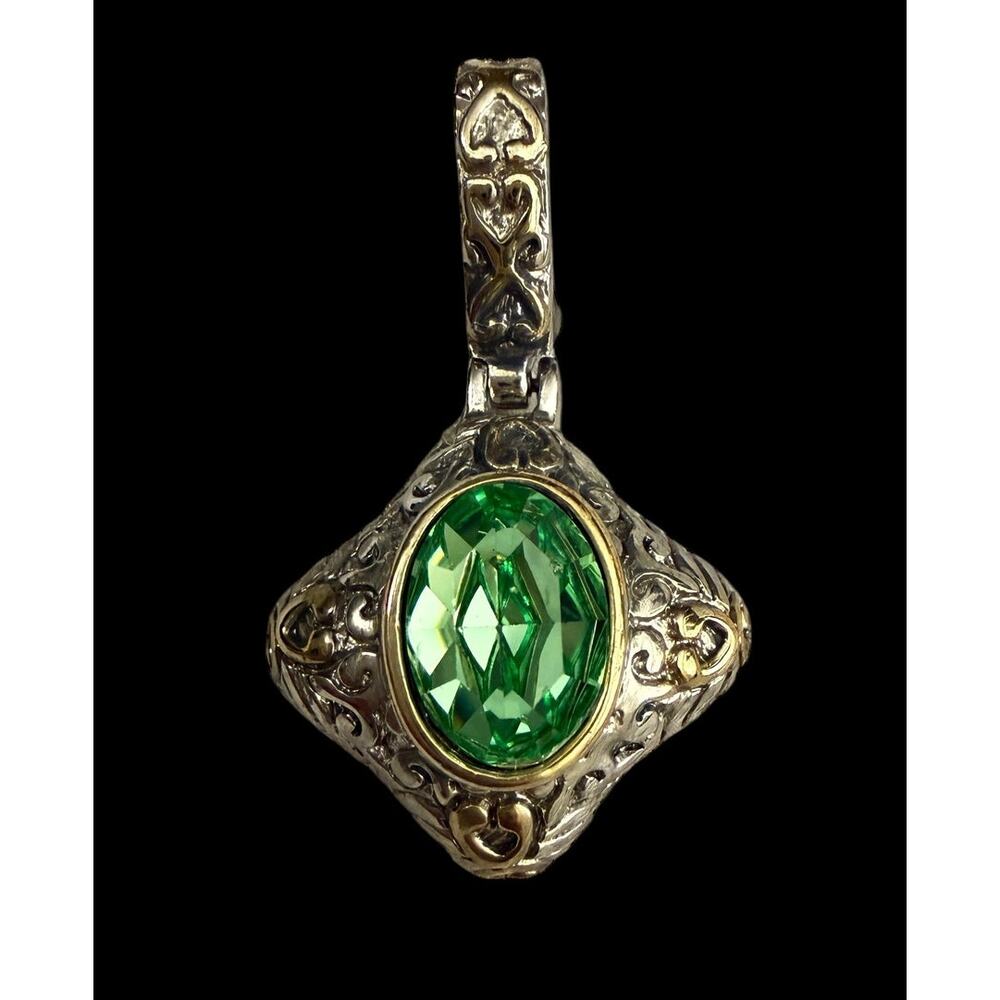 Large Statement Green Crystal Pendant Ornate Silver Tone John Candice JC Boho